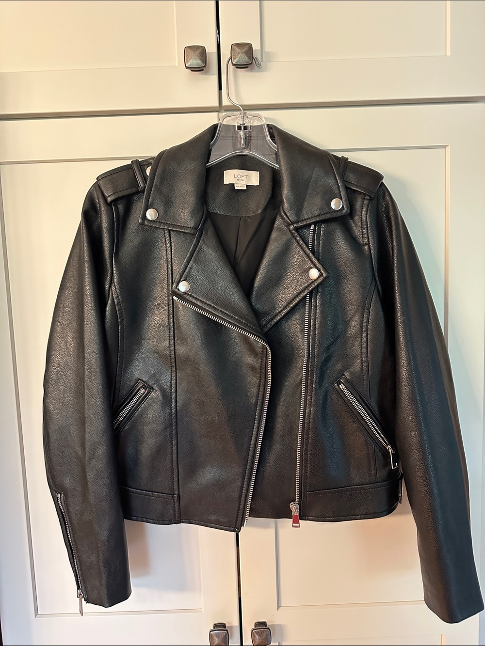 LOFT Black Faux Leather Jacket with Silver Hardware
